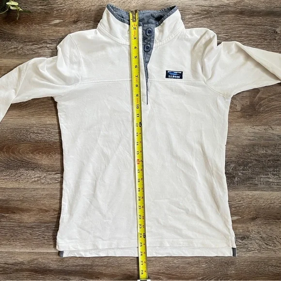 LL Bean Women's White Cotton French Terry 1/4 Button Pullover with Navy Trim - Picture 11 of 16